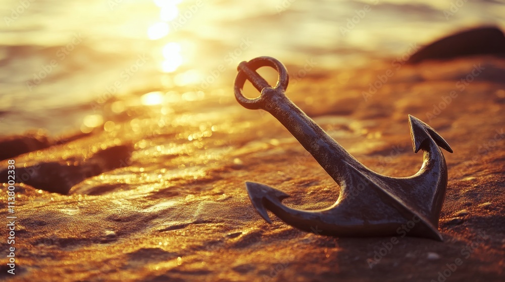 Rusty Anchor on Rocks at Sunset with Glimmering Water Background Rusty Anchor on Rocks at Sunset with Glimmering Water Background