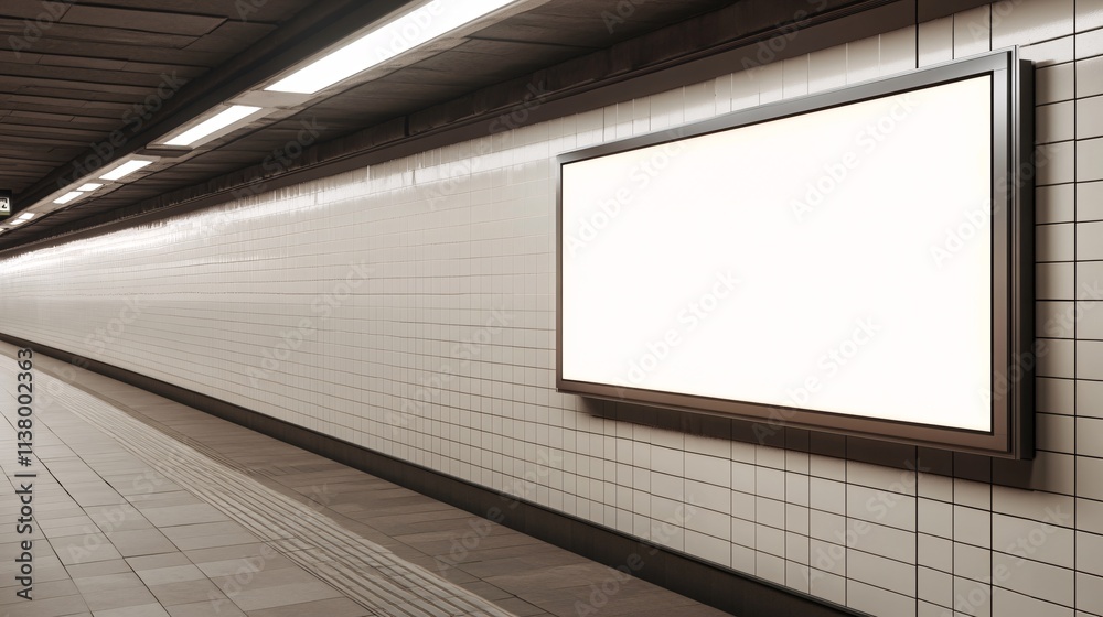 An empty subway corridor featuring a blank advertising panel, evoking a calm yet industrial atmosphere. An empty subway corridor featuring a blank advertising panel, evoking a calm yet industrial atmosphere.
