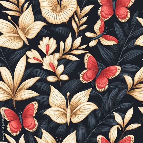 Tropical Floral Butterfly Seamless Pattern Design photo