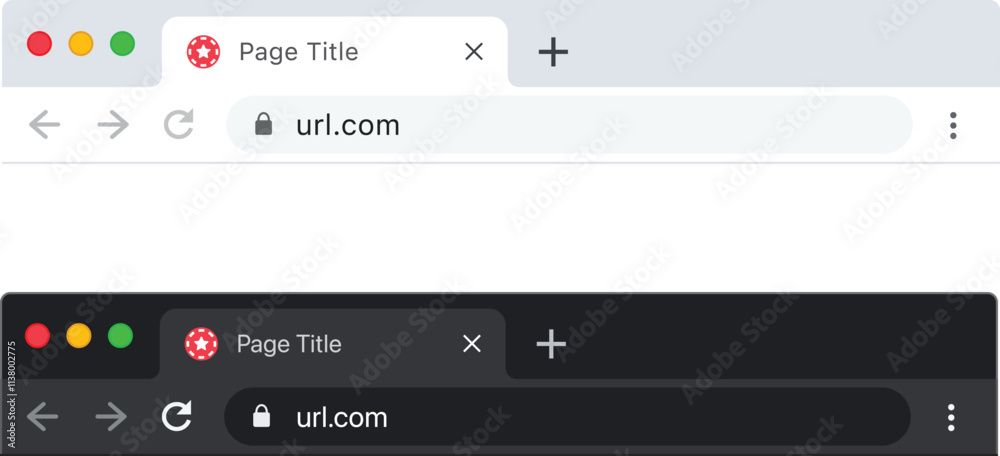 Blank web browser window with tab, toolbar and search field. Modern website, internet page in flat style. Browser mockup for computer, tablet and smartphone. Light and dark mode. Vector illustration Blank web browser window with tab, toolbar and search field. Modern website, internet page in flat style. Browser mockup for computer, tablet and smartphone. Light and dark mode. Vector illustration