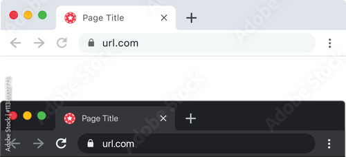 Blank web browser window with tab, toolbar and search field. Modern website, internet page in flat style. Browser mockup for computer, tablet and smartphone. Light and dark mode. Vector illustration