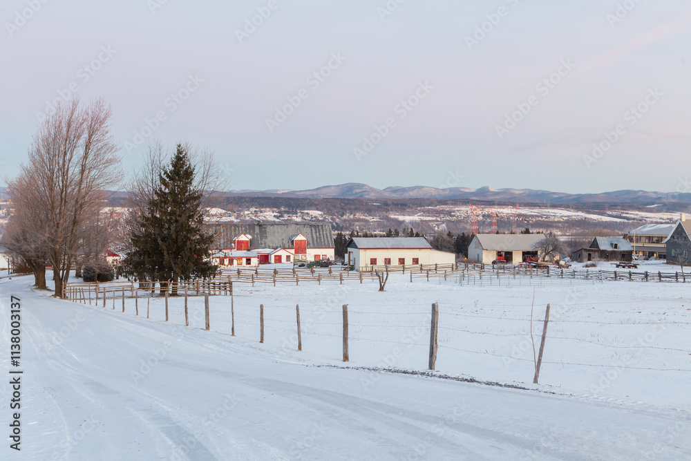 Pretty sunrise winter landscape, with traditional barns and houses seen in snowy fields, Saint-Pierre, Island of Orleans, Quebec