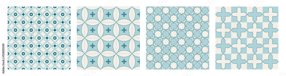 Collection of Arabic geometric mosaic printable seamless pattern with abstract Moroccan print in blue and orange colors. Ramadan Kareem Traditional Islamic art Illustration background