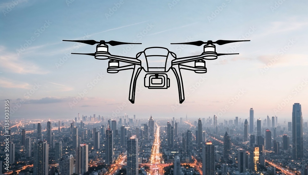 Drone flies over city