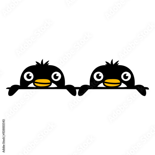 2 Penguins Two Friends Look Out From Behind a Wall Design Lover Art Vector Illustration Card T-Shirt Poster Sticker Graphic Print Decorative Drawing Isolated Logo Decoration Symbol Creative Cool Style photo