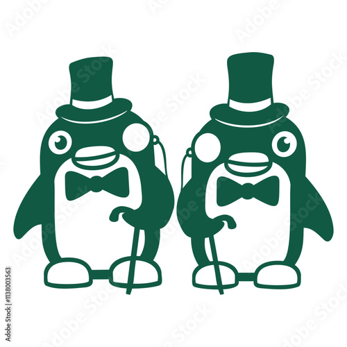 2 Penguin Gentlemen Sir Two Mr. Top Hat Monocle Design Lover Art Vector Illustration Card T-Shirt Poster Sticker Graphic Print Decorative Drawing Isolated Logo Decoration Symbol Creative Cool Style