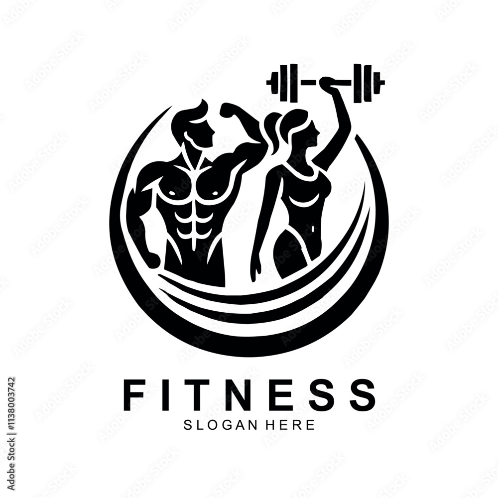 Fitness logo, Gym logo design template, with silhouettes of bodybuilders, vector illustration Fitness logo, Gym logo design template, with silhouettes of bodybuilders, vector illustration