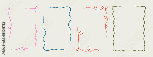 Set of elegant whimsical hand-drawn pink blue orange green color frames with wavy squiggle curly ribbons in trendy, vintage styles. Perfect for quirky holiday, wedding, birthday gift decorations