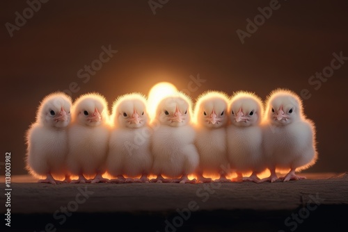 farm life, fluffy baby chicks snuggled beneath a heat lamp in a cozy coop, chirping softly together on the farm photo