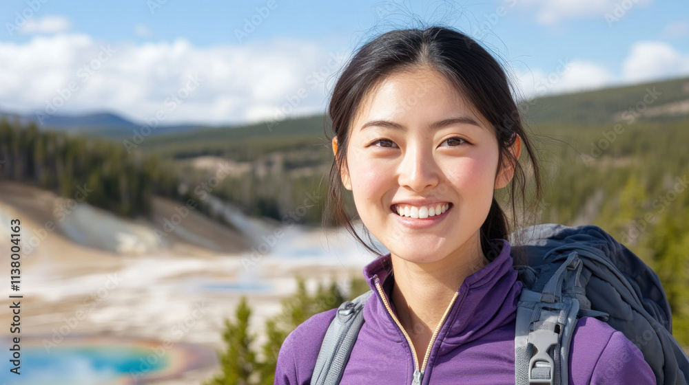Japanese woman in purple wear standing at Grand Prismatic Pool at Yellowstone National Park Japanese woman in purple wear standing at Grand Prismatic Pool at Yellowstone National Park