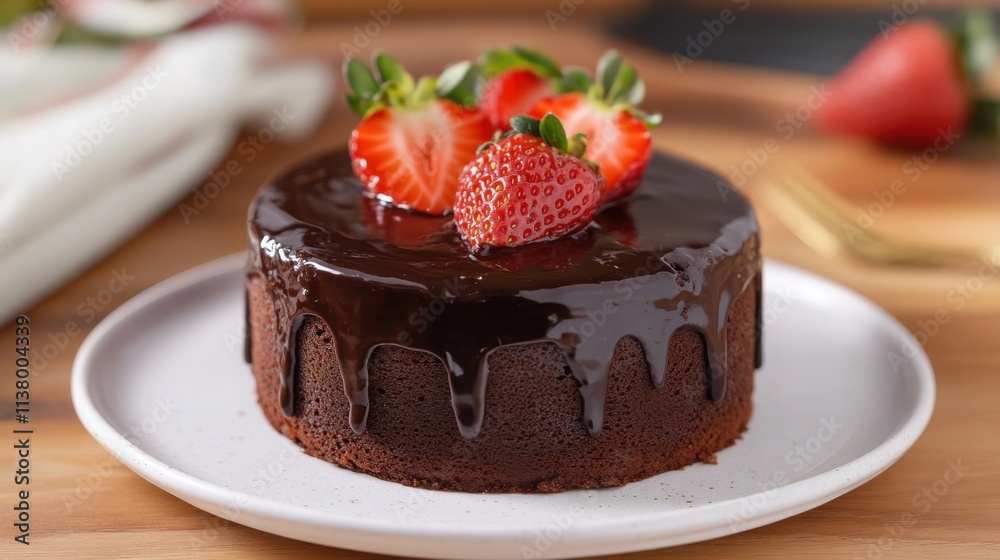 Delicious Chocolate Cake with Fresh Strawberries on a Plate Delicious Chocolate Cake with Fresh Strawberries on a Plate