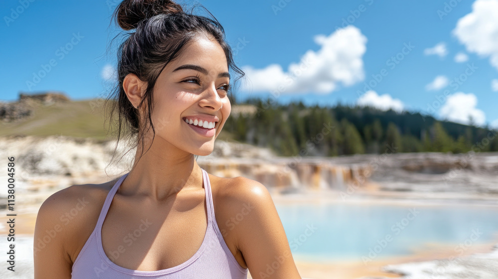 Indian woman in purple wear standing at Grand Prismatic Pool at Yellowstone National Park Indian woman in purple wear standing at Grand Prismatic Pool at Yellowstone National Park