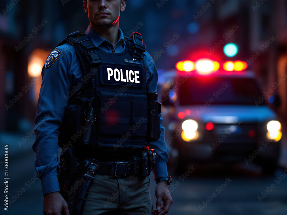 Fototapeta premium Police, officer, law enforcement, uniform, vest, duty belt, gun, holster, handcuffs, radio, badge, protection, security, public safety, service, authority, patrol, crime, justice, enforcement, gear, 