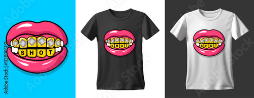 A vibrant lips, stylized illustration of a smiling mouth showcasing unique and shiny gold grillz, typography design. Ready to print on t shirts, mug and all of print items. Vector pop art illustration