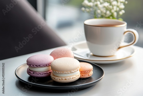 womens day celebration, colorful macarons, delicate tea cups on a sunlit cafe table celebrating happy womens day in elegant style photo