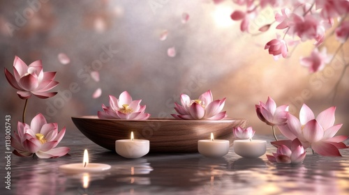Serene Lotus Flowers with Candles on Water Surface for Relaxation