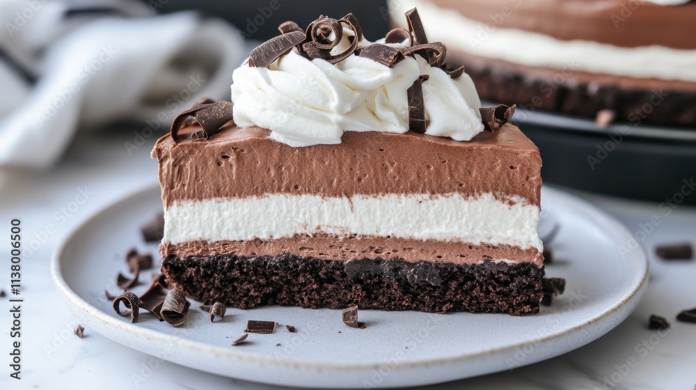 Creamy Chocolate Layer Cake with Whipped Topping and Chocolate Shavings Creamy Chocolate Layer Cake with Whipped Topping and Chocolate Shavings