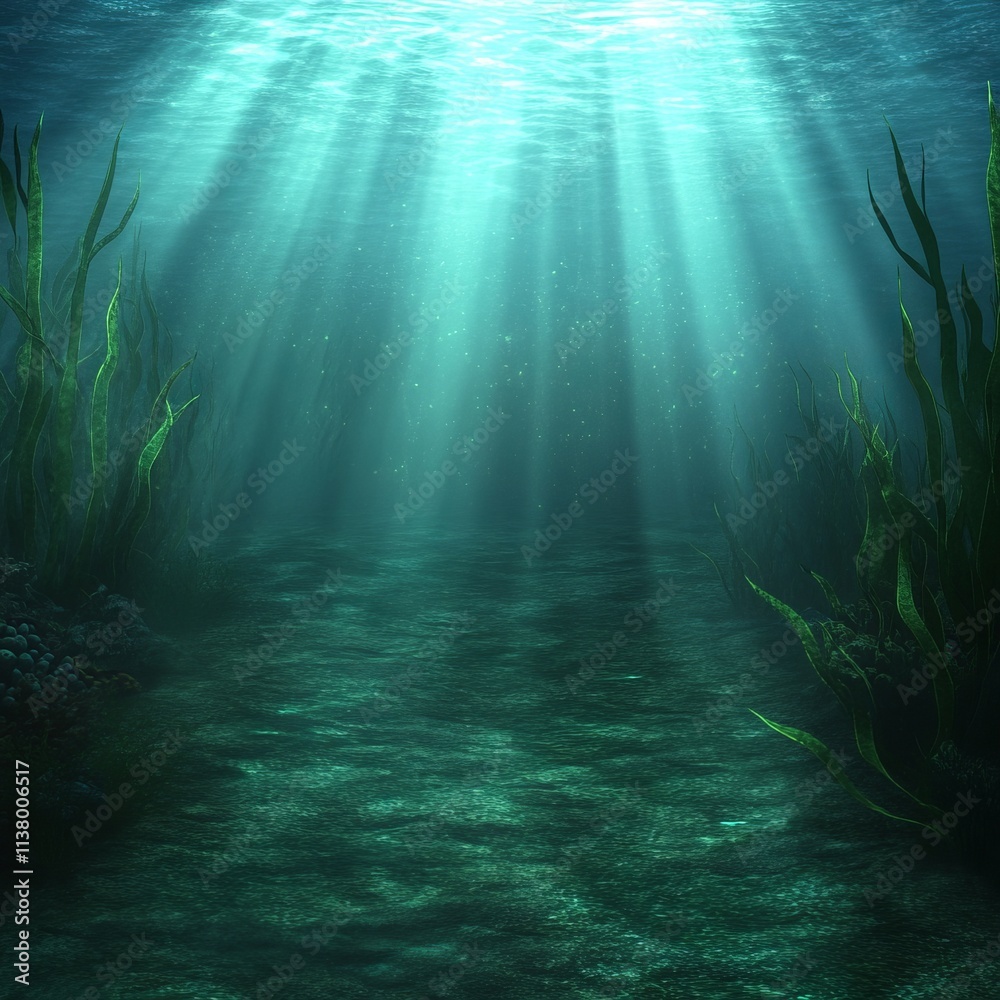 Naklejka premium Underwater Scene Sunbeams Illuminate Ocean Floor and Seaweed