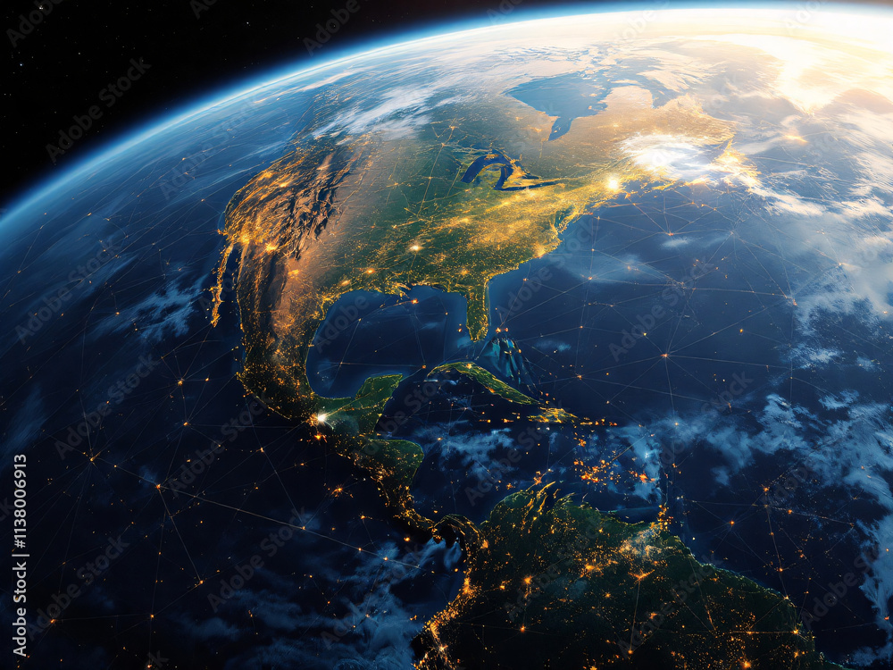 Fototapeta premium Earth, globe, space, night, lights, cities, continent, sunrise, dawn, atmosphere, stars, universe, planet, geography, map, technology, network, connections, urban, population, landmass, oceans, coast