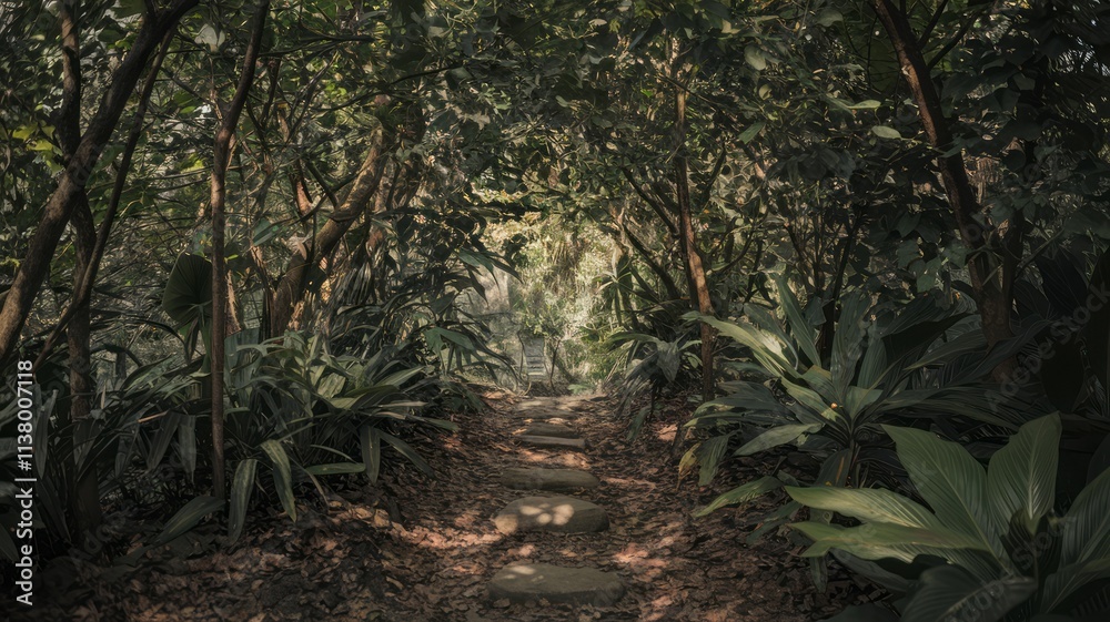 Wooden pathway through lush green tropical jungle with sunlight, serene nature walk concept, Pathway through a lush forest representing the way forward. Wooden pathway through lush green tropical jungle with sunlight, serene nature walk concept, Pathway through a lush forest representing the way forward.