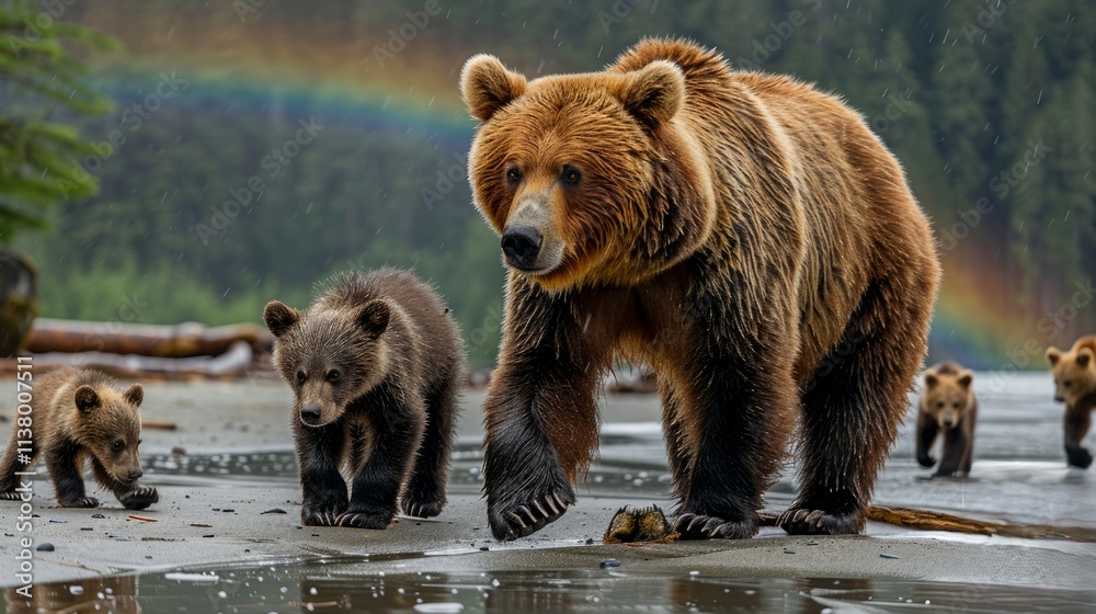 Bear family walks on shore, rainbow. Bear family walks on shore, rainbow.