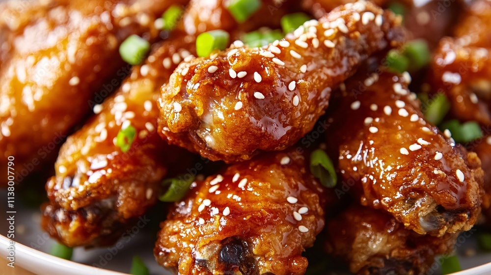 Delicious golden chicken wings coated in a savory glaze, garnished with sesame seeds and chopped green onions.