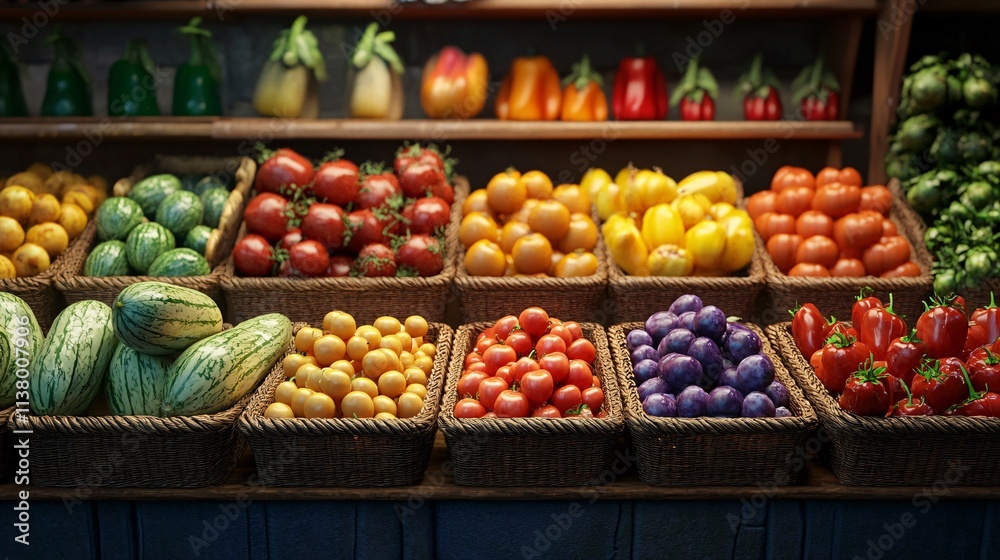 A vibrant display of fresh fruits and vegetables in a market setting, showcasing a rainbow of colors.
