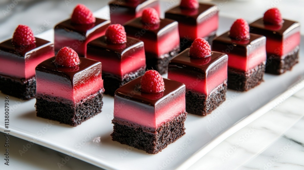 Delicious Raspberry Chocolate Dessert Squares on Elegant Plate Delicious Raspberry Chocolate Dessert Squares on Elegant Plate
