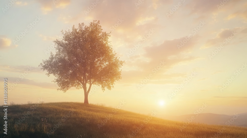 Serene Countryside Scene with a Lone Tree at Sunset Serene Countryside Scene with a Lone Tree at Sunset