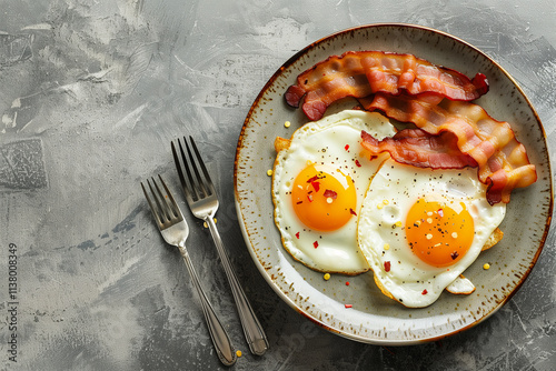 Fried chicken eggs and bacon beautifully presented. Perfect for promoting wholesome, healthy eating with essential vitamins and minerals. photo