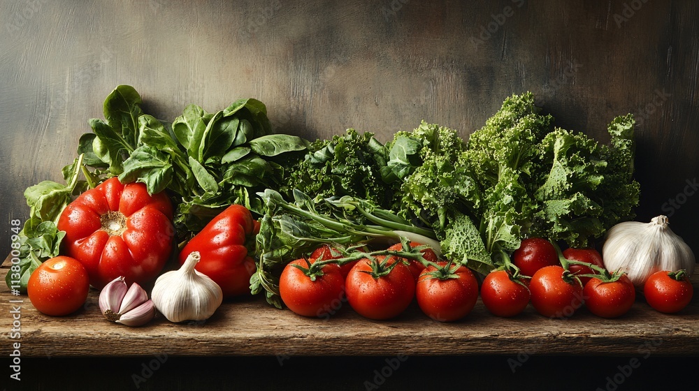 A vibrant display of fresh vegetables including tomatoes, bell peppers, garlic, and leafy greens on a rustic wooden surface. A vibrant display of fresh vegetables including tomatoes, bell peppers, garlic, and leafy greens on a rustic wooden surface.