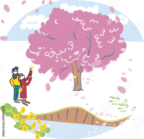 満開の桜を撮影するカップル　ストックイラスト素材
