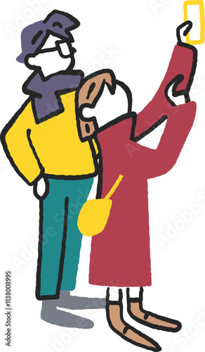 何かをスマホで撮影するカップル　ストックイラスト素材
