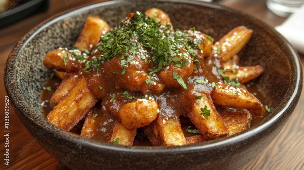 Savory Dish of Crispy Fries Topped with Tender Meat Sauce and Herbs Savory Dish of Crispy Fries Topped with Tender Meat Sauce and Herbs