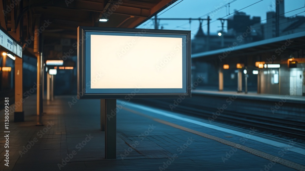 An empty billboard at a train station, illuminated in the early morning light, creating a serene and calm atmosphere. An empty billboard at a train station, illuminated in the early morning light, creating a serene and calm atmosphere.