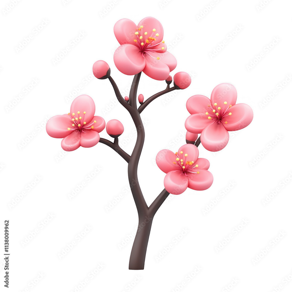 Fototapeta premium 3d flower plant Sakura cherry blossom branch icon Chinese New Year featuring Lunar pink flowers and buds, on a transparent background