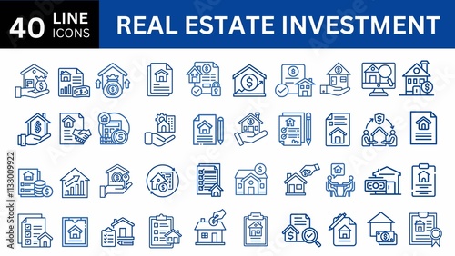 Real Estate Investment Line Editable Icons set property, buying, selling, investment, renting, house, home. Outline icon collection. Editable stroke. Vector illustration. 