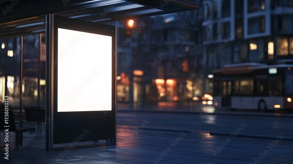 A blank advertising billboard at a bus stop on a rainy evening, evoking a sense of quiet solitude. A blank advertising billboard at a bus stop on a rainy evening, evoking a sense of quiet solitude.