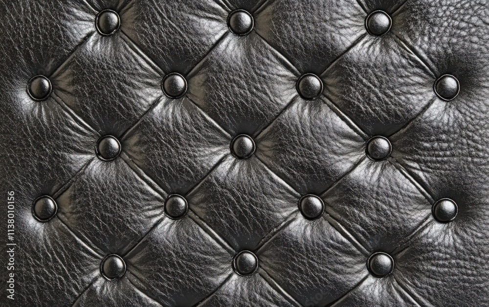 Fototapeta premium A luxurious black leather texture featuring a diamond-quilted pattern with stitched details and button accents