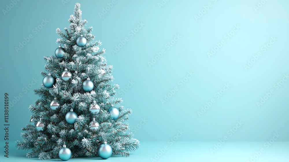 A frosted Christmas tree adorned with teal ornaments against a soft blue background, creating a serene holiday atmosphere. A frosted Christmas tree adorned with teal ornaments against a soft blue background, creating a serene holiday atmosphere.