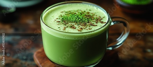 Matcha latte in a glass mug on wooden surface.