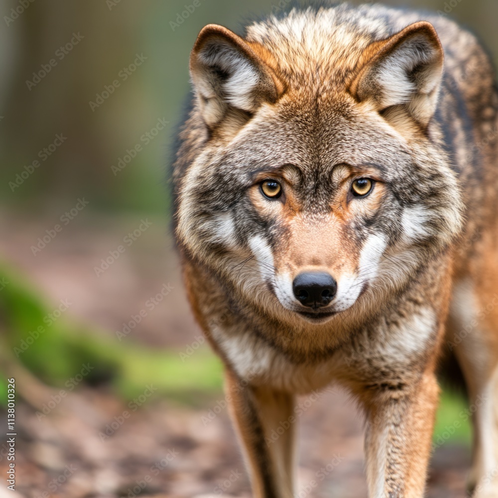 Wild Wolf Portrait in Forest Habitat Intense Gaze