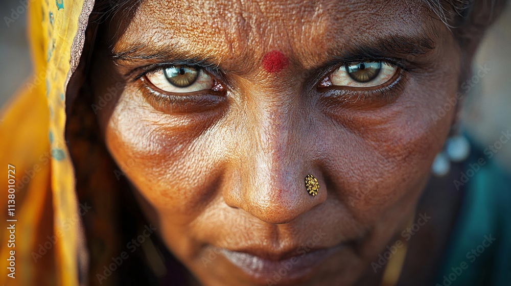 Close-up portrait of an elderly South Asian woman with striking green eyes, displaying deep wrinkles and traditional adornments. Close-up portrait of an elderly South Asian woman with striking green eyes, displaying deep wrinkles and traditional adornments.