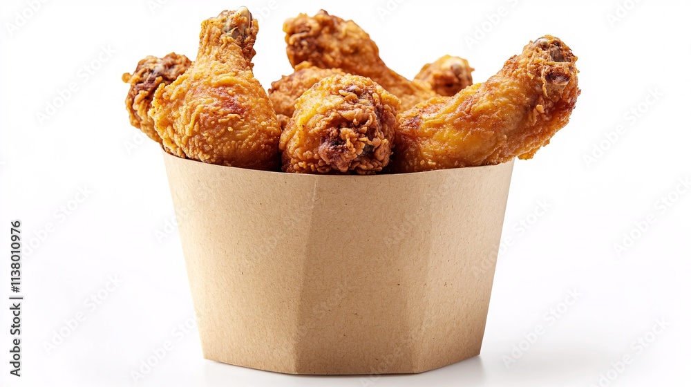 A delicious serving of crispy golden-brown chicken wings in a paper container. A delicious serving of crispy golden-brown chicken wings in a paper container.