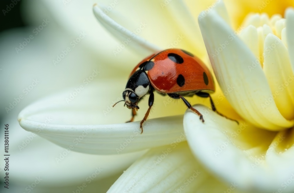 Fototapeta premium A close-up of a ladybug with heart-shaped spots crawling on a white dahlia flower with dew drops, copy space