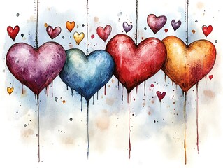 An artistic Valentine's Day postcard decorated with a border of colorful paint splashes and heart shapes in bright hues such as red, pink, blue, and yellow. The dynamic paint splashes add energy 