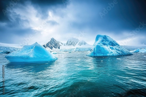 Blue icebergs floating in the sea.