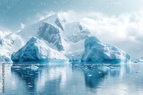 Blue icebergs floating in the sea.