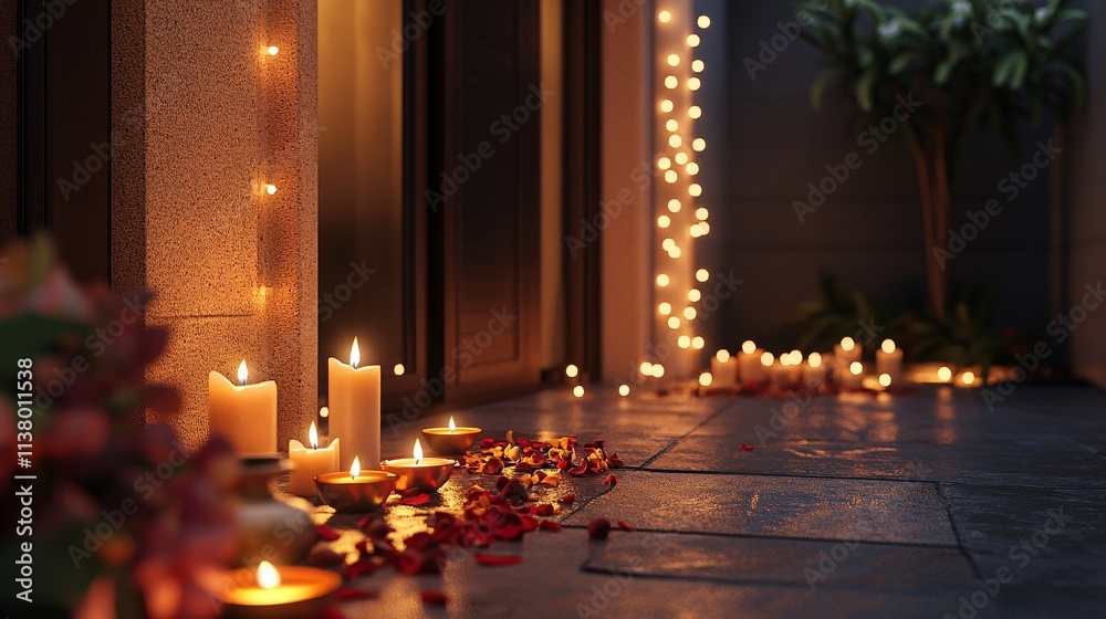 A serene evening scene with glowing candles and floral decorations, creating a tranquil ambiance. A serene evening scene with glowing candles and floral decorations, creating a tranquil ambiance.