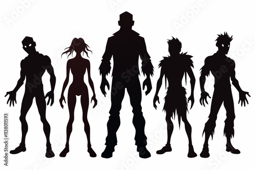 Black silhouette of scary cartoon zombie creature isolated on a white background. 